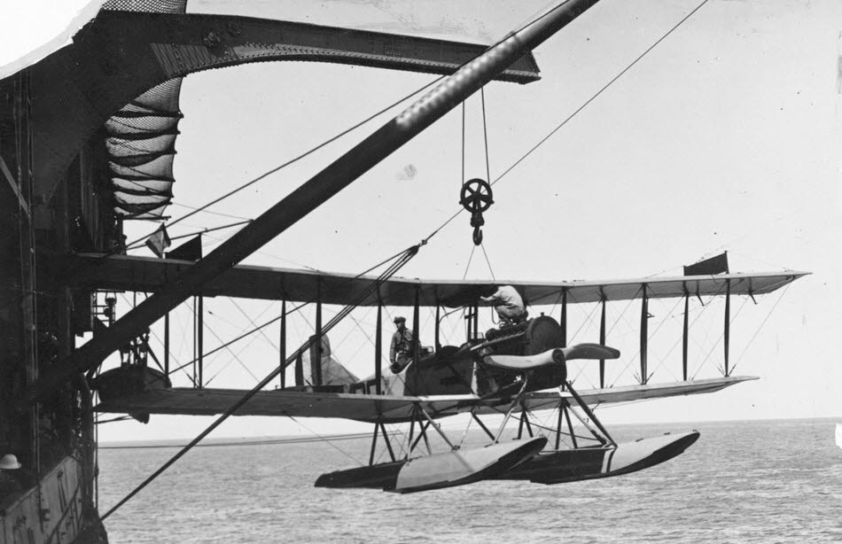 Curtiss R-6 or R-9 being hoisted on USS Langley (CV-1) 