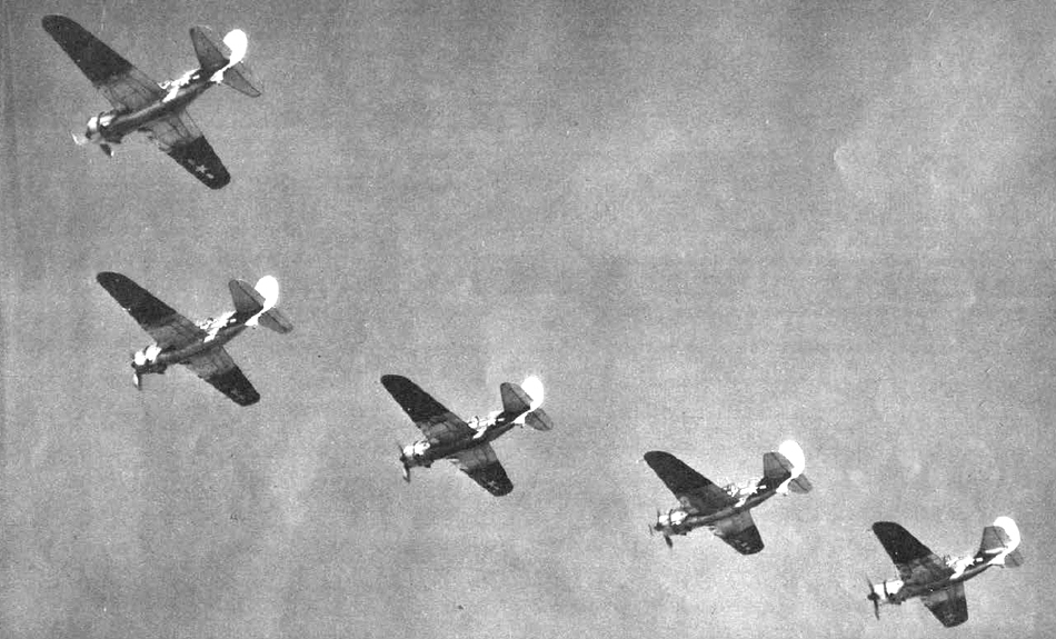 Formation of Curtiss SB2C Helldivers from below 