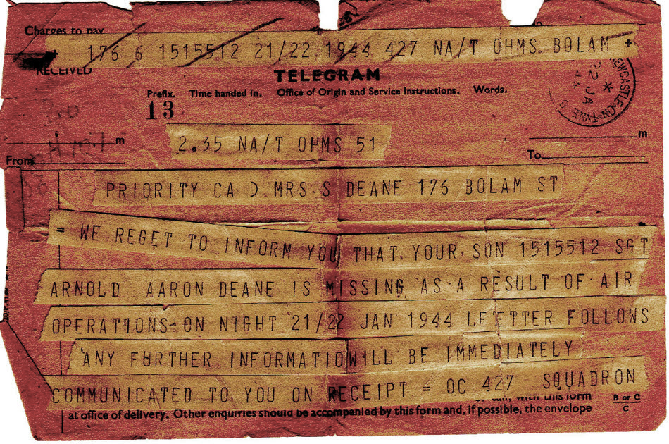 Telegram - Sgt A A Deane is Missing in Action 
