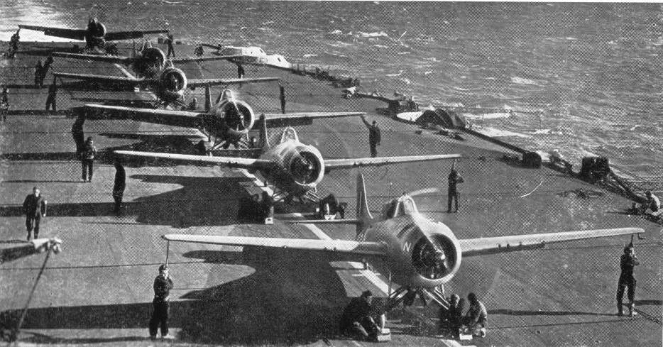 Six Grumman Martlet lined up for take off from a British carrier