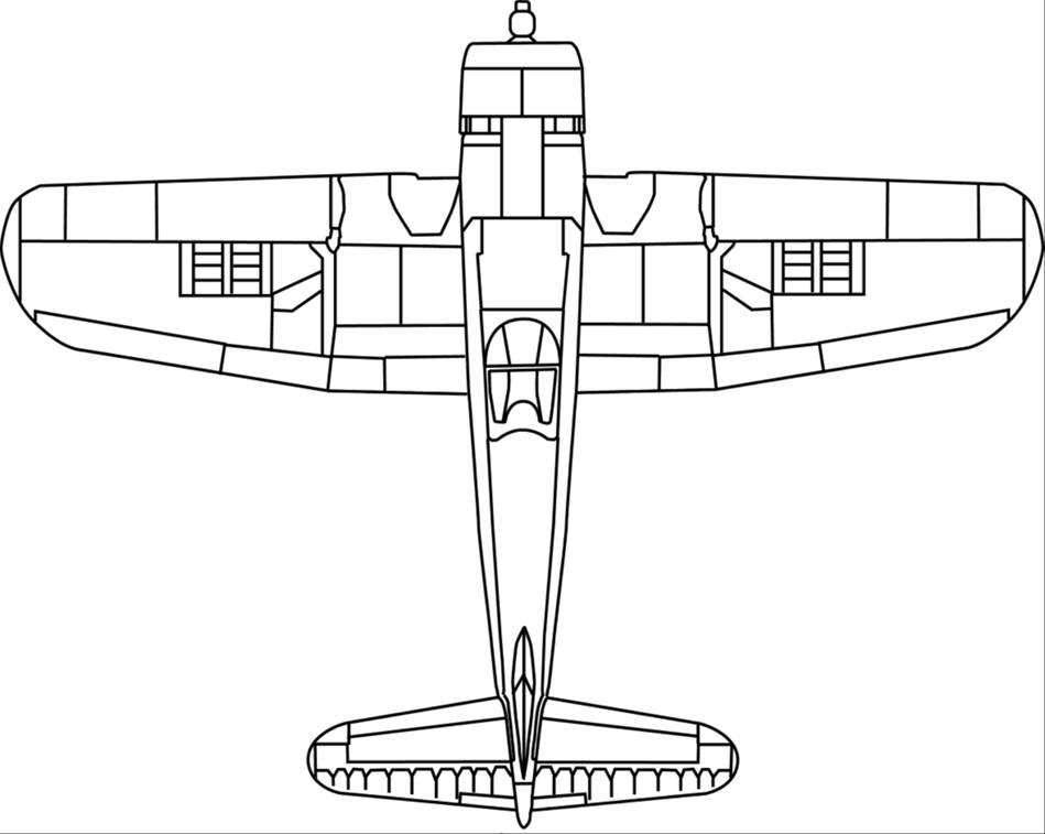 Top view of the Chance Vought F4U-1a Corsair, showing how far back the cockpit was.