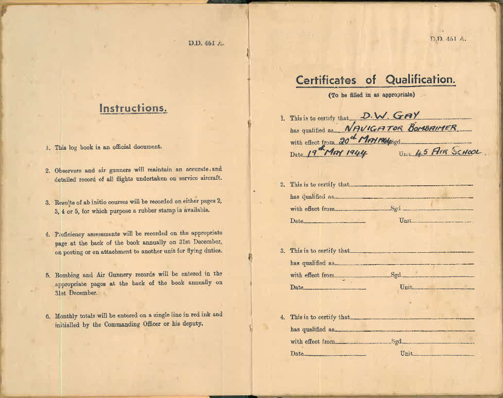 Log book for Lt D.W. Gay - Instructions and Certificates 