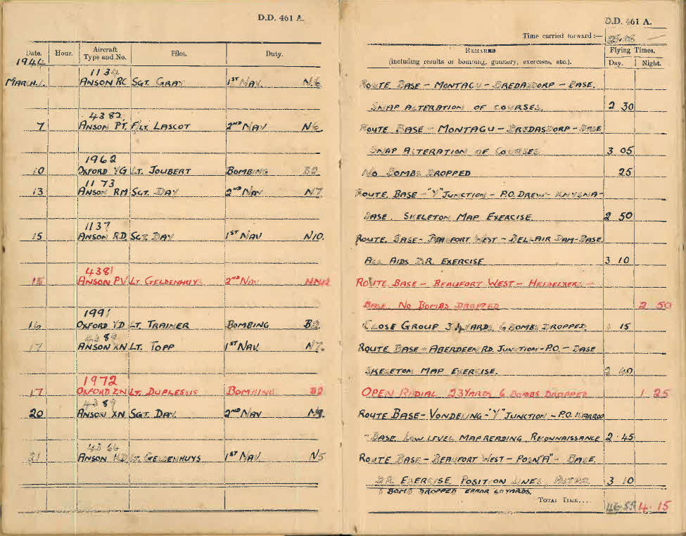 Log book for Lt D.W. Gay - 1-21 March 1944 