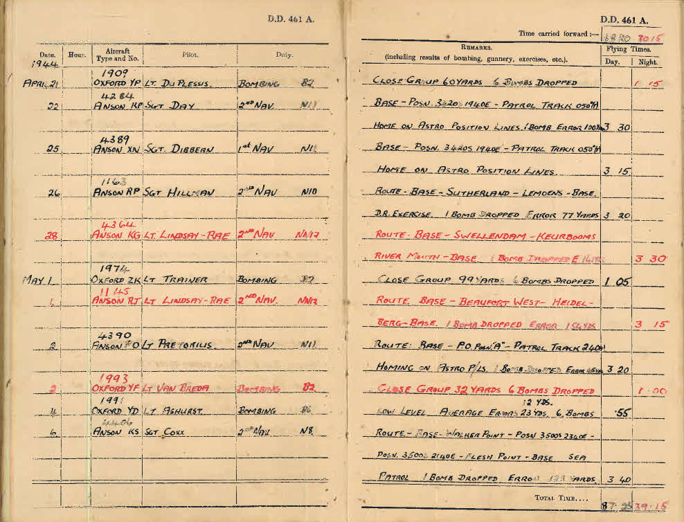 Log book for Lt D.W. Gay - 21 April-6 May 1944 