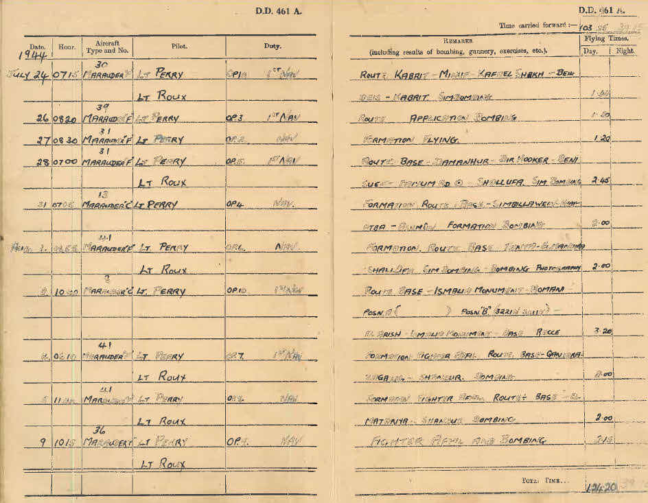 Log book for Lt D.W. Gay - 24 July-9 August 1944 