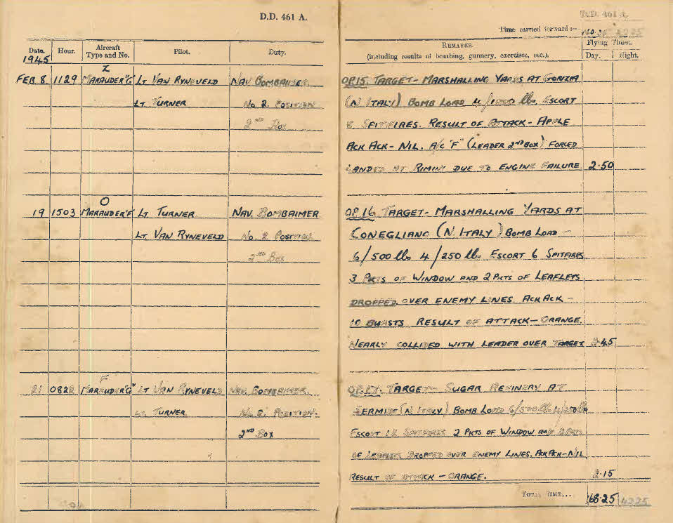 Log book for Lt D.W. Gay - 8-21 February 1945 
