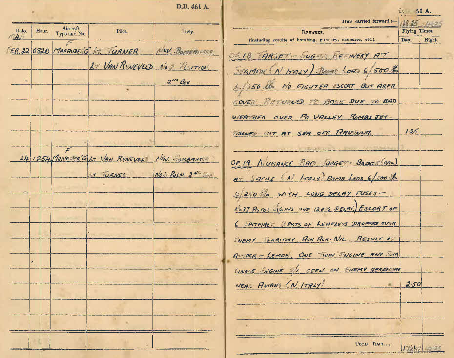 Log book for Lt D.W. Gay - 22-24 February 1945 