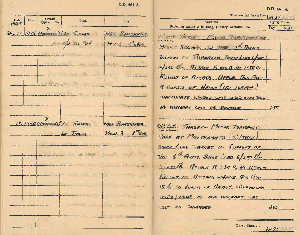 Log book for Lt D.W. Gay - 17-18 April 1945 