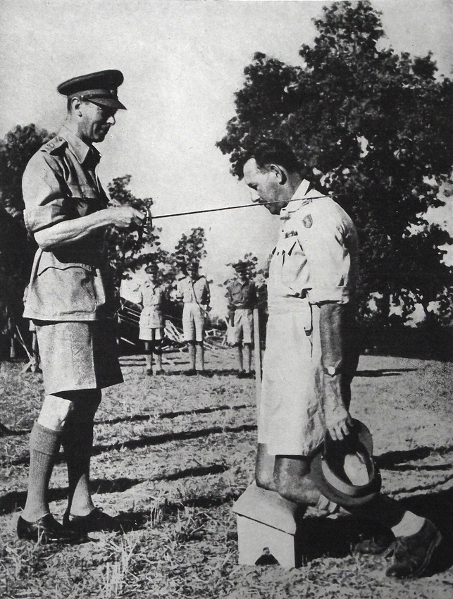 King George VI knights General Sir Oliver Leese, Italy, 1944 