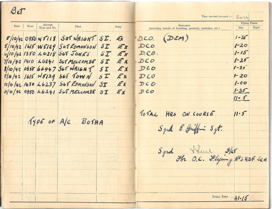 Log Book for E Griffin - October 1942 