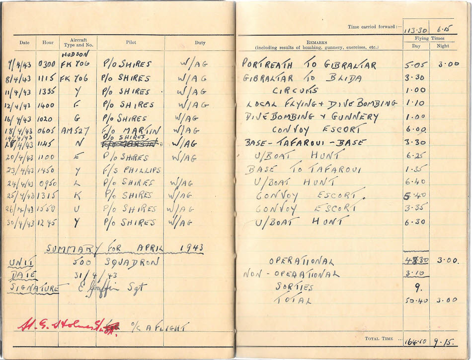 Log Book for E Griffin - April 1943 