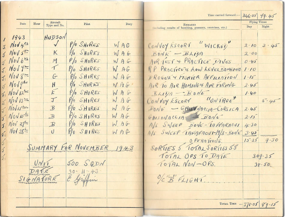 Log Book for E Griffin - November 1943 