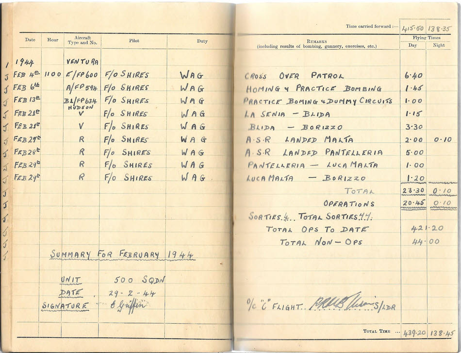 Log Book for E Griffin - February 1944 