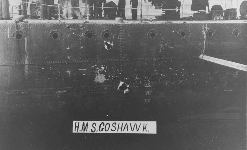 Damage caused to HMS Goshawk at Jutland 