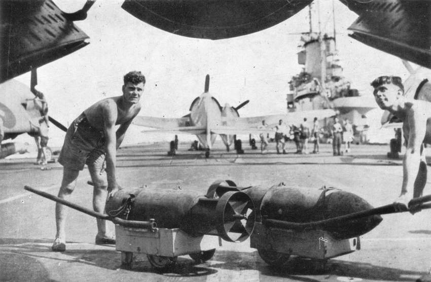 Bombing-up an Avenger on HMS Indomitable