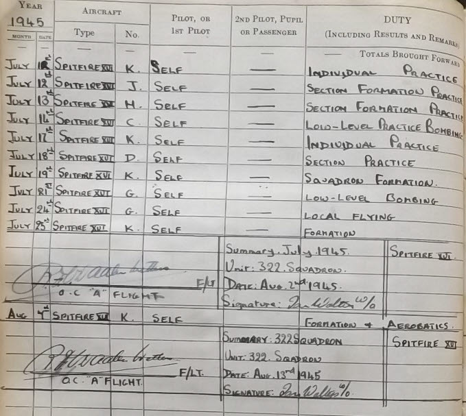 Ian Walter's Logbook, No.322 Squadron, July 1945 (Left Page)