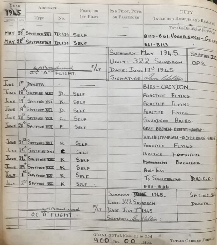Ian Walter's Logbook, No.322 Squadron, May-June 1945 (Left Page)