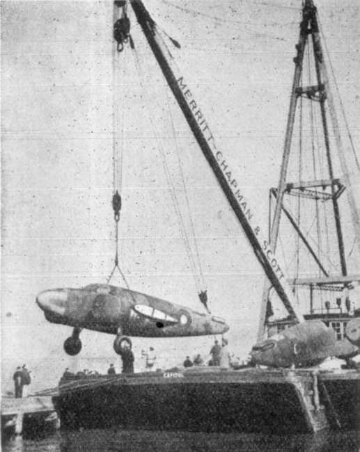 Lockheed Hudson being winched onboard ship 