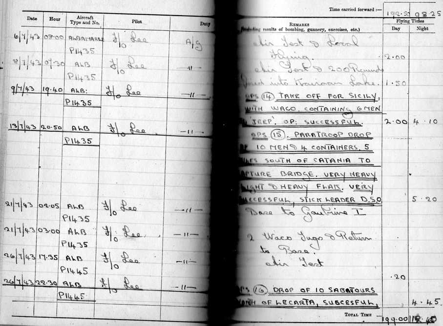 No.296 Squadron Log Book, 6-26 July 1943