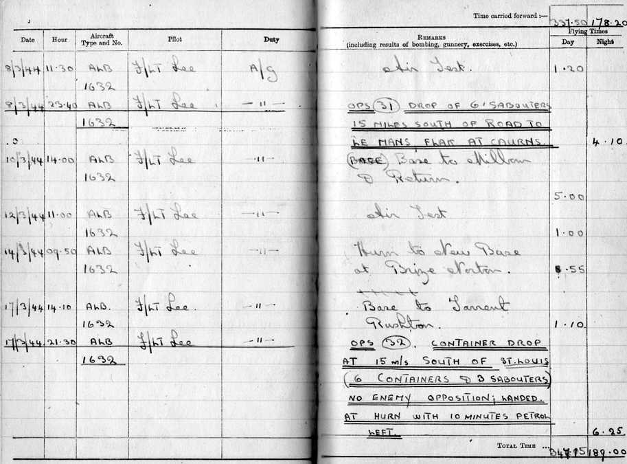 No.296 Squadron Log Book, 8-17 March 1944