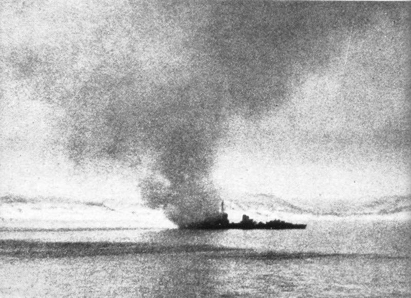 Second Battle of Narvik, 13 April 1940 - German destroyer on fire 