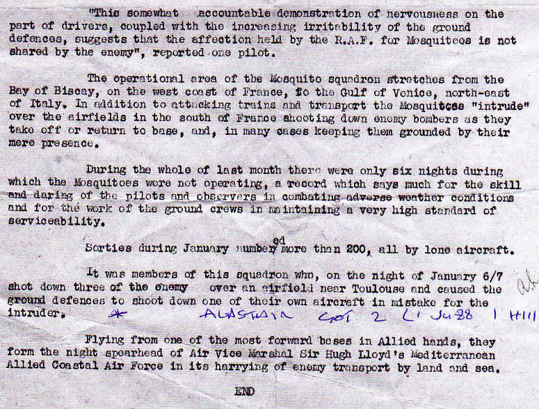 Public Relations Release, No.23 Squadron, Februry 1944 (bottom half)