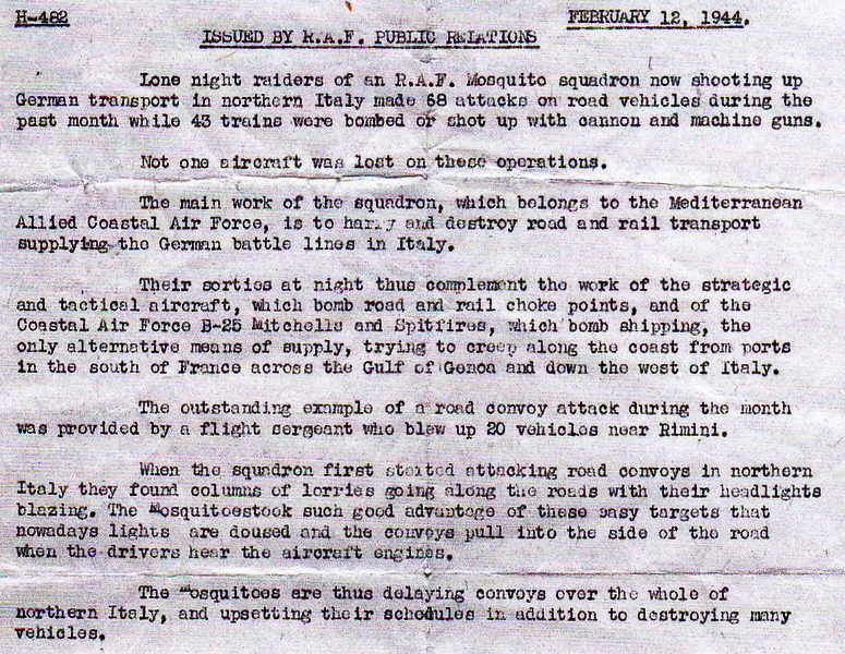 Public Relations Release, No.23 Squadron, Februry 1944 (top half)