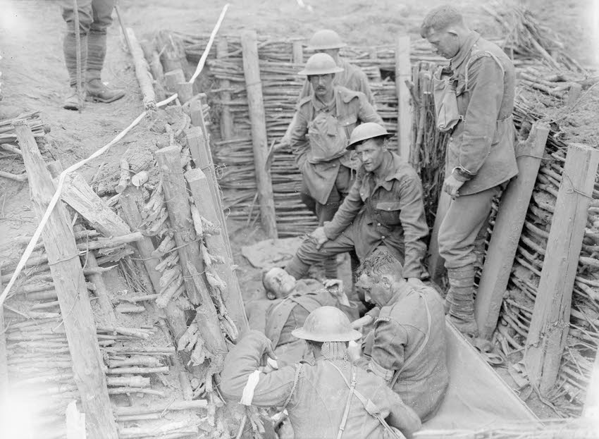 Irish Guards treat wounded prisoner, Pilckem Ridge, 31 July 1917 