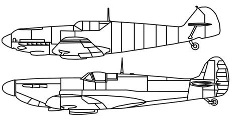 Scale drawings of the Spitfire I and Messerschmitt Bf 109E-4 to scale, showing the Spitfire to be the slightly longer fighter