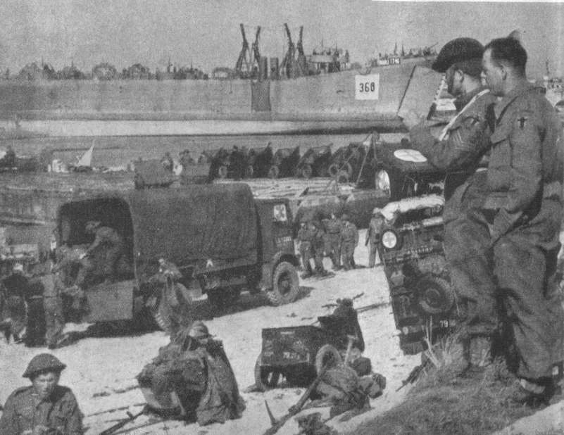 Unloading on the D-Day beaches (left)