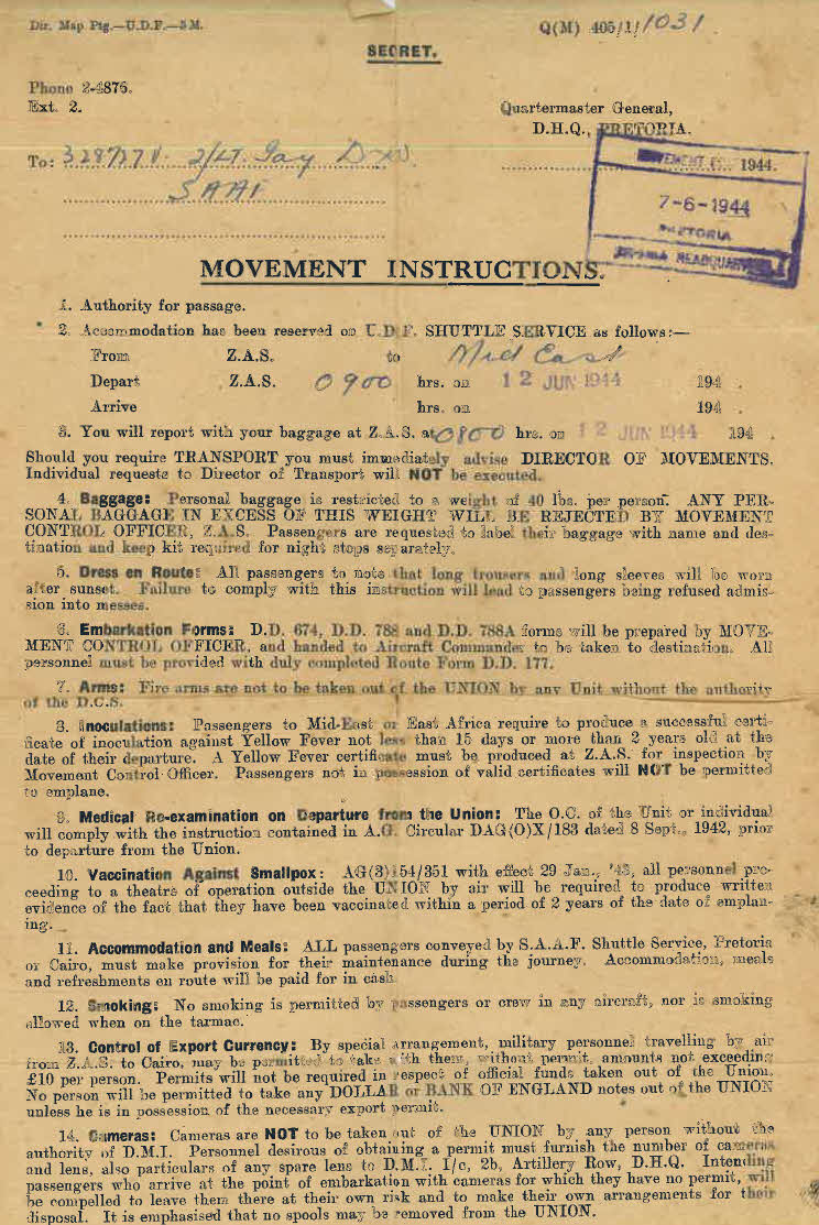 Lt D.W. Gay's War Effort - Movement Instructions from South Africa to the Middle East 