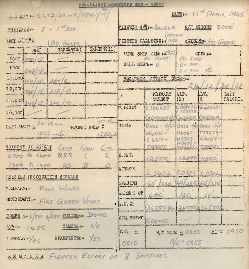 Lt D.W. Gay's War Effort - Pre-Flight Observers's Gen-Sheet 