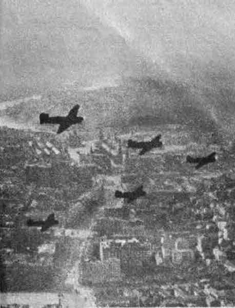 Formation of Yakovlev Yak-1s over Soviet Town 