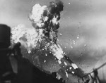Flames after Kamikaze hit, USS Intrepid (CV-11) , 1944 