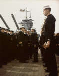 Captain McCrea inspects crew, USS Iowa (BB-61), 1943 