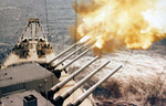 USS Wisconsin (BB-64) fires three gun salvo, Korea, 1952 