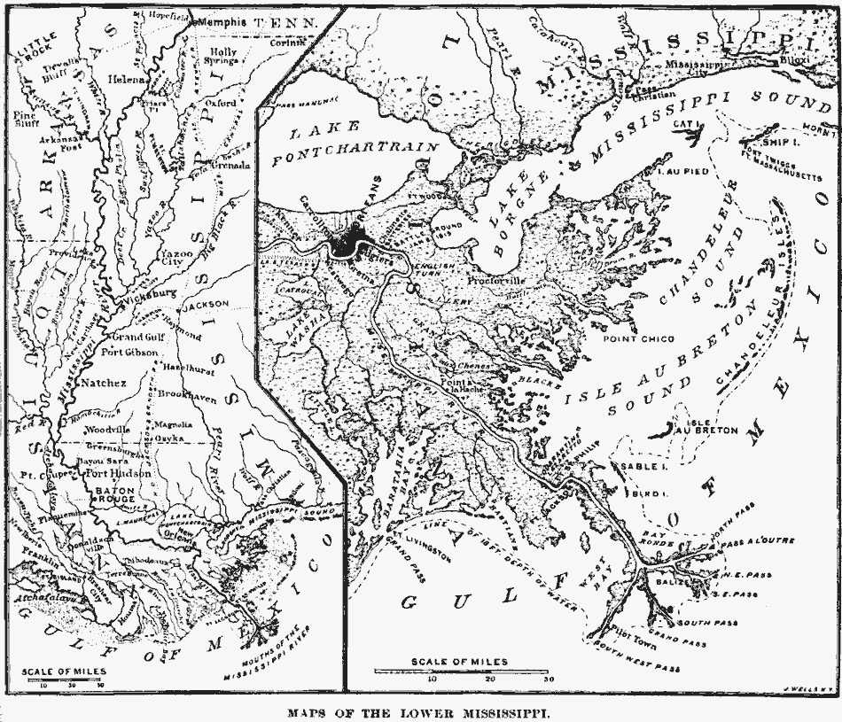 Map showing the Lower Mississippi, from the Gulf Coast to Memphis, with a detailed section from New Orleans to the sea.