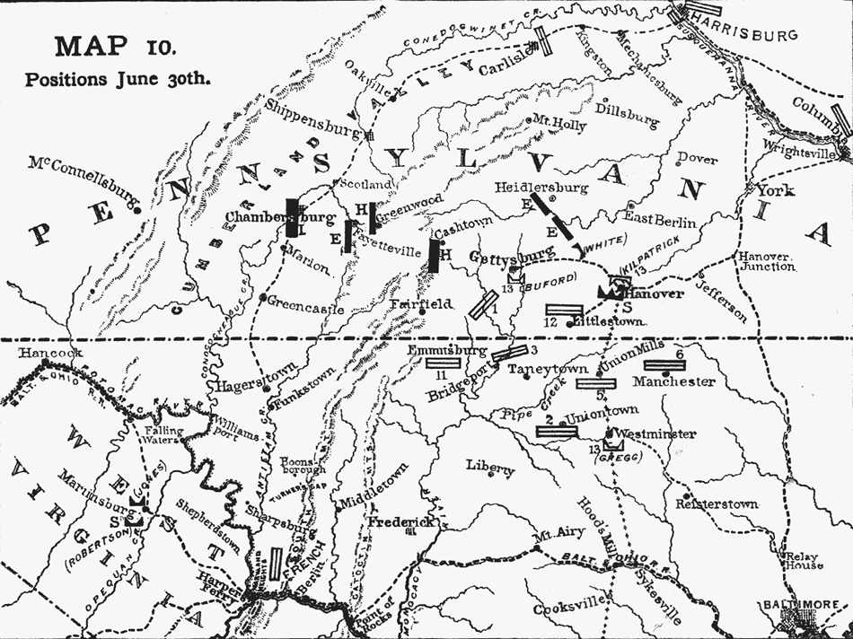 Map showing the position of the main Union and Confederate armies on 30 June 1863