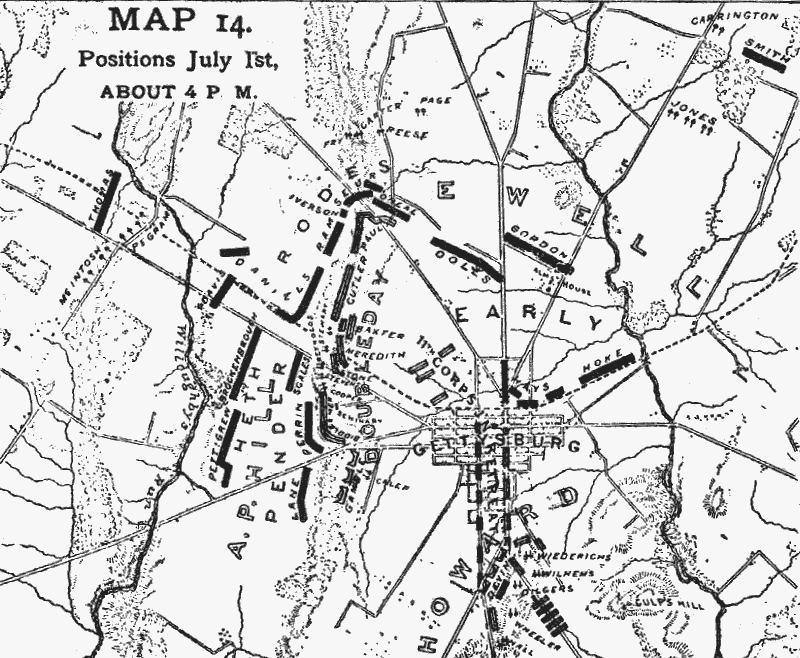 Map showing day one of the battle of Gettysburg, 1st July, 4 p.m.