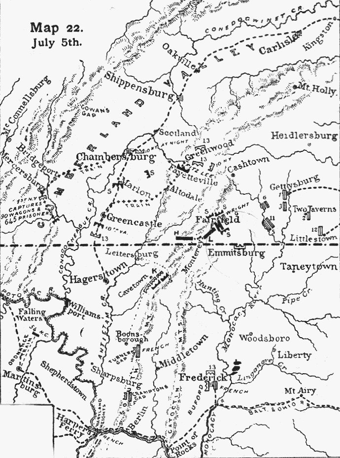 Map showing the aftermath of the battle of Gettysburg: 5th July