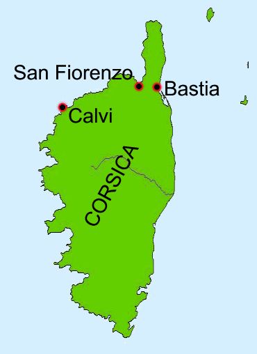 Map of Corsica, showing the main places involved in the British occupation