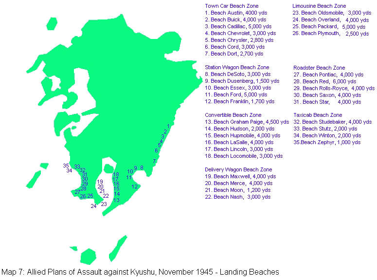 Allied plans of assault at Kyushu, November 1945: Landing beaches. 