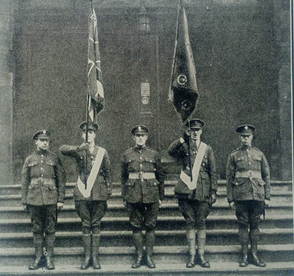 3rd Battalion London Regiment with colours after armistice 