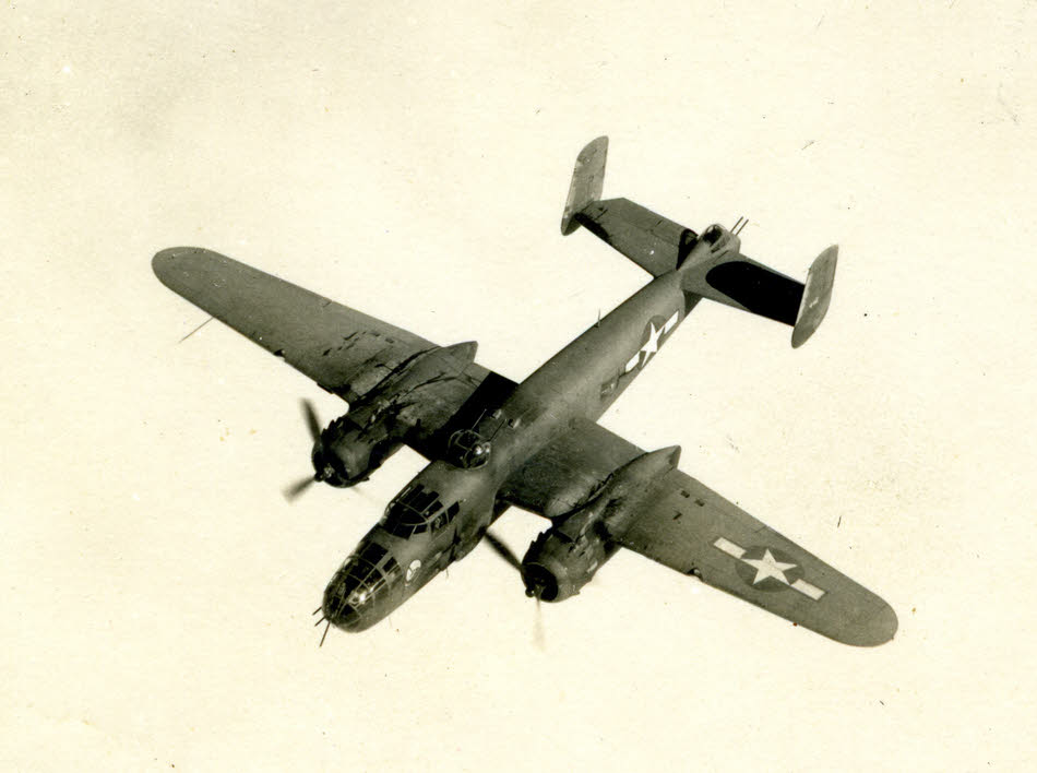 North American B-25J of 491st Bombardment Squadron from above 