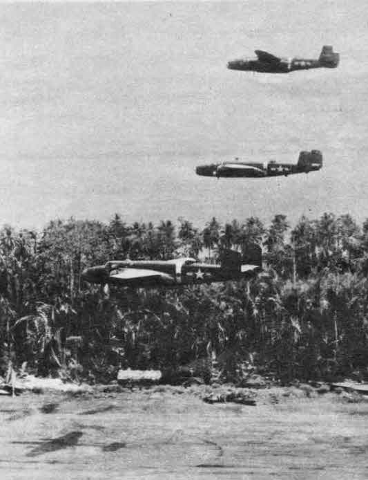 Three North American B-25 Mitchells buzzing Wewak 