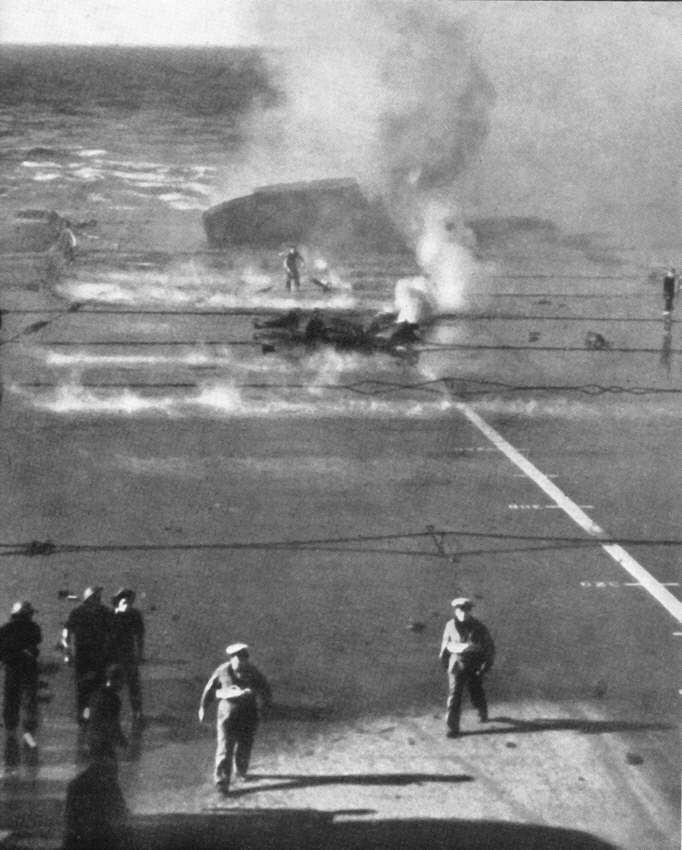 HMS Illustrious with deck on fire 
