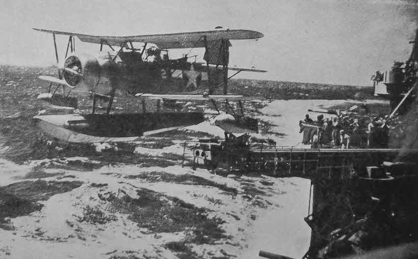 Curtiss SOC Seagull launching to scout Wake Island, 1943 