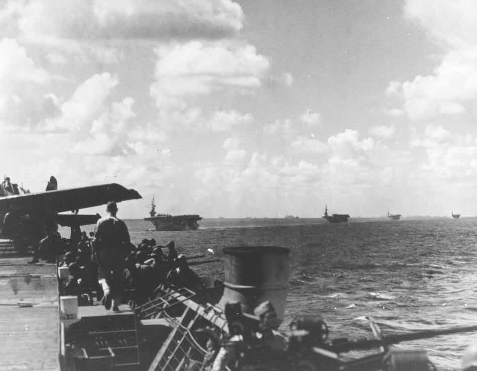 Task Group 77.12.7 seen from USS Kadashan (CVE-76)