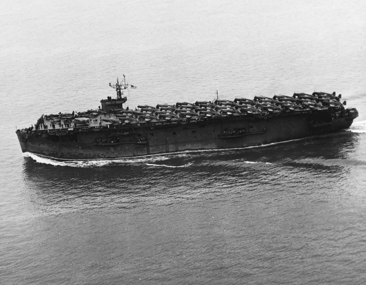 Deck load of P-51 Mustangs on USS Altamaha (CVE-19) 