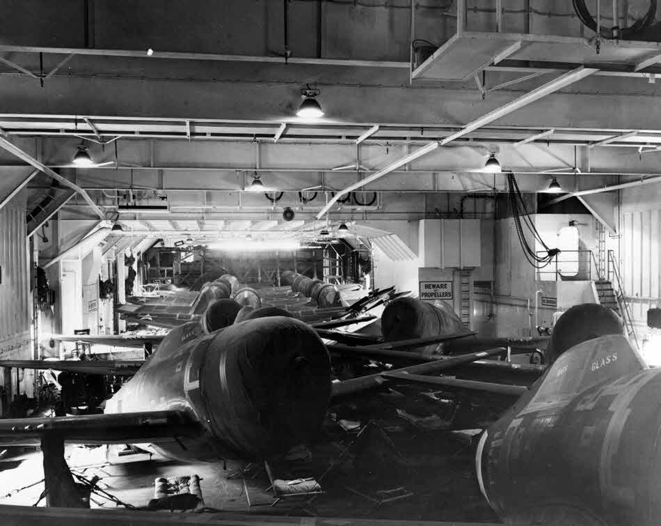 P-47-D5 Thunderbolts in hanger of USS Block Island (CVE-21)